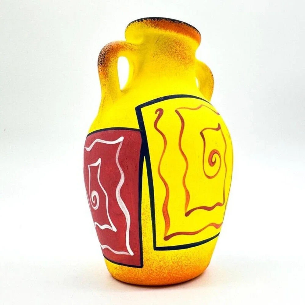 Art. F. Diaz Vase Post Modern 90s Hand Painted Yellow Matte Glaze Signed